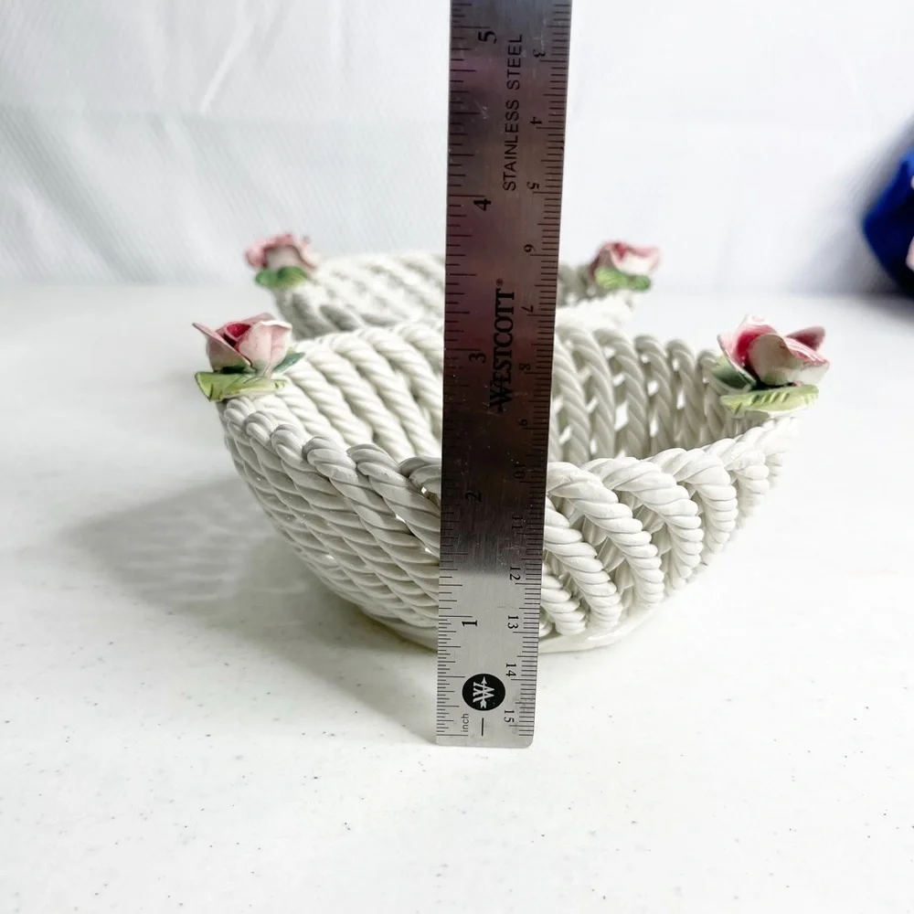 Made in Italy Italian 2 small porcelain woven baskets with flowers atop baskets